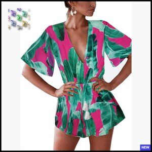 Plunge V-Neck Romper Loose Fit Chic Summer Beachwear Palm Leaves Print
